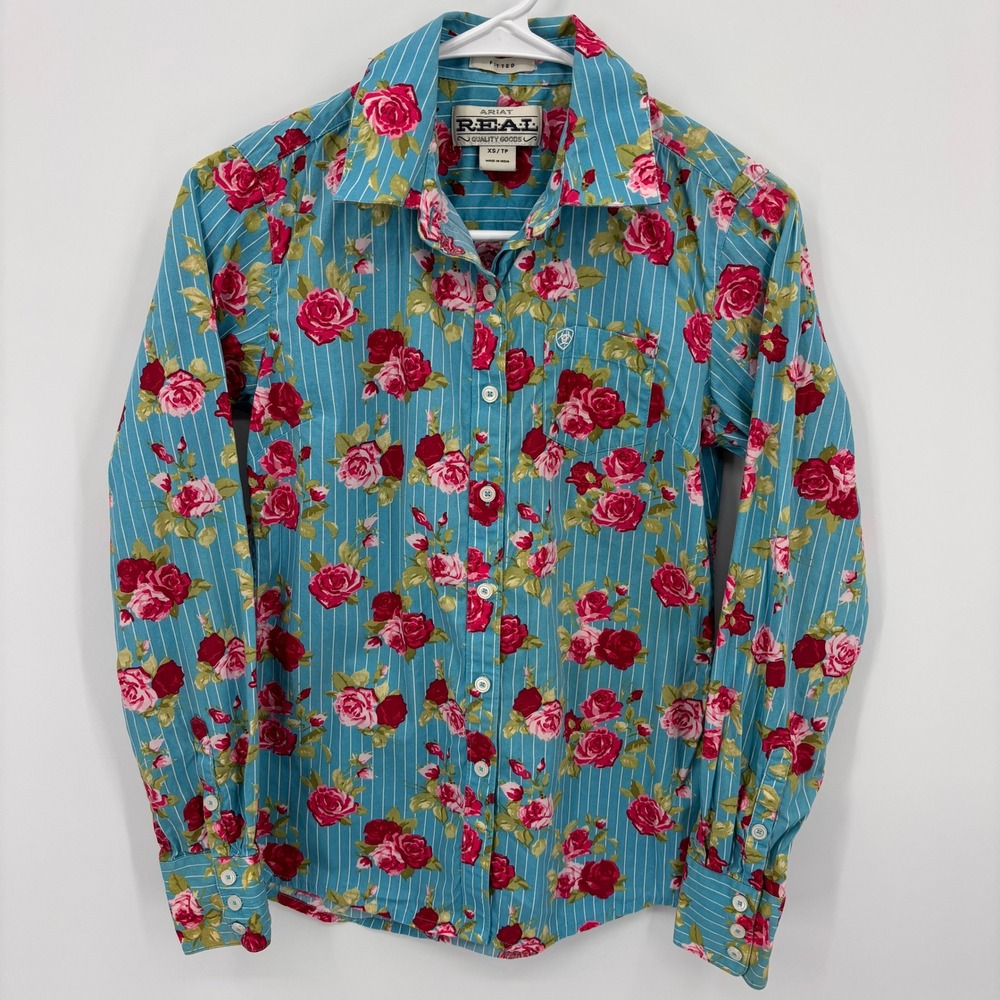 Ariat REAL Shirt Womens XS Blue Floral Pinstripe Excellent Fitted Button Down